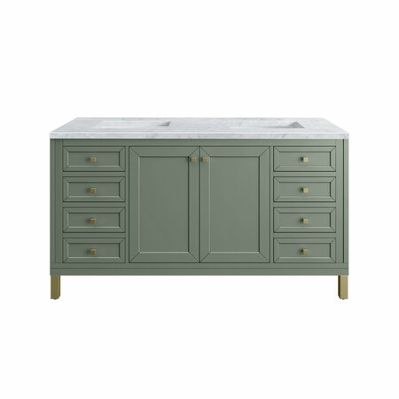 JAMES MARTIN VANITIES Chicago 60in Double Vanity, Smokey Celadon w/ 3 CM Carrara Marble Top 305-V60D-SC-3CAR